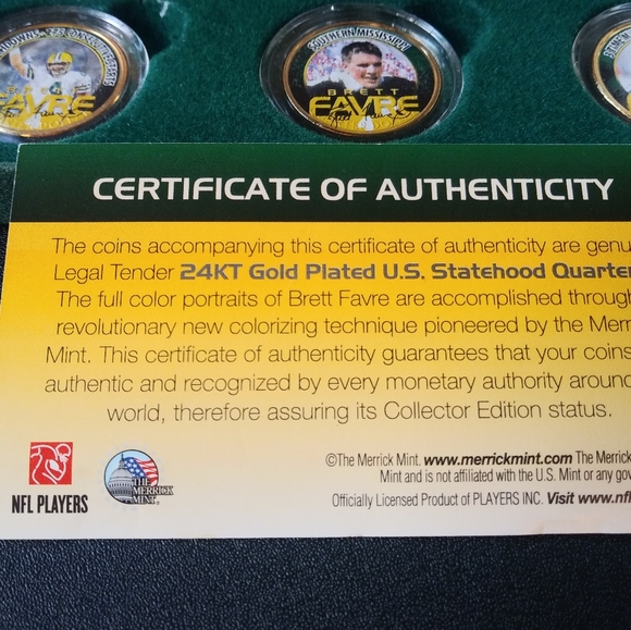 RARE: Brett Favre: US Statehood Quarter Set, Gold Plated Quarters, 7 Coins - Picture 5 of 16